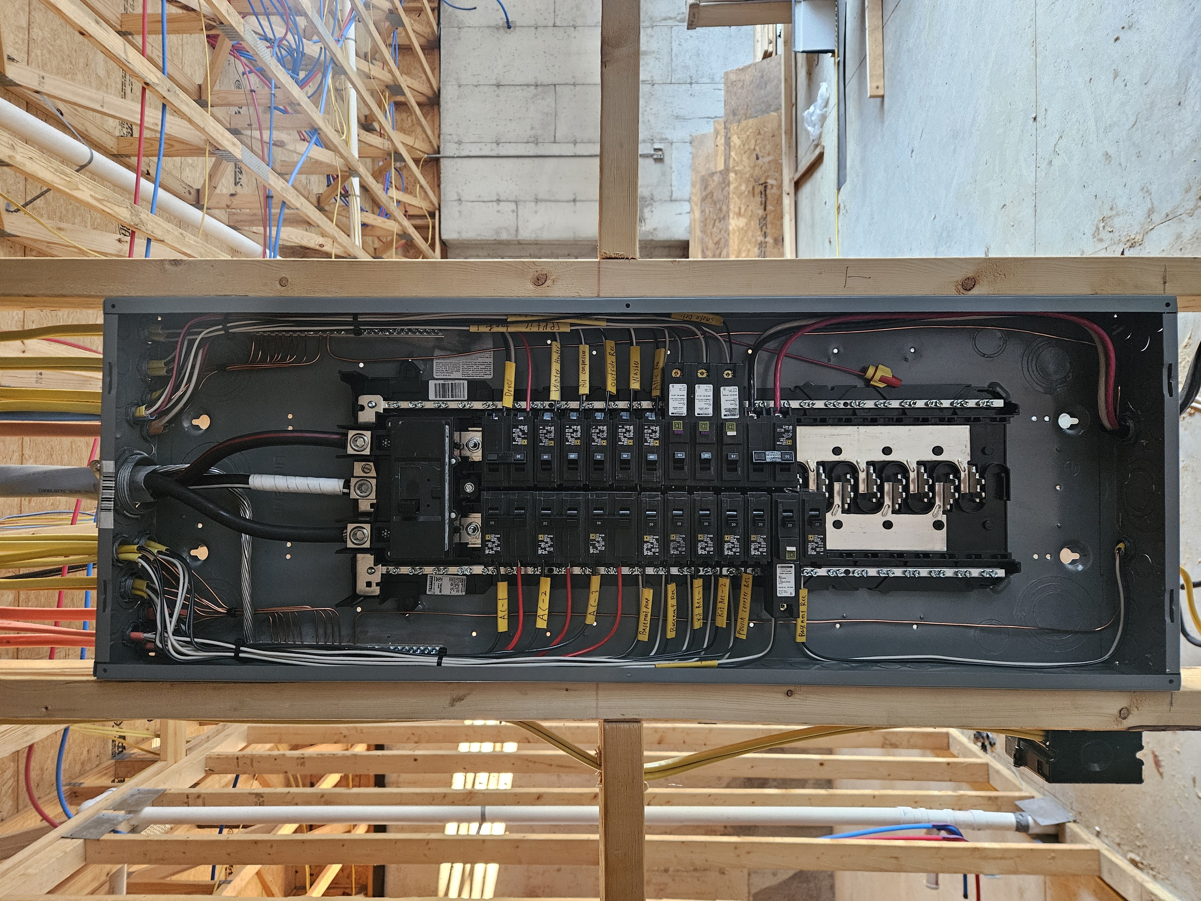 Square D breaker panel with labeled circuits for dryer, water heater, and kitchen