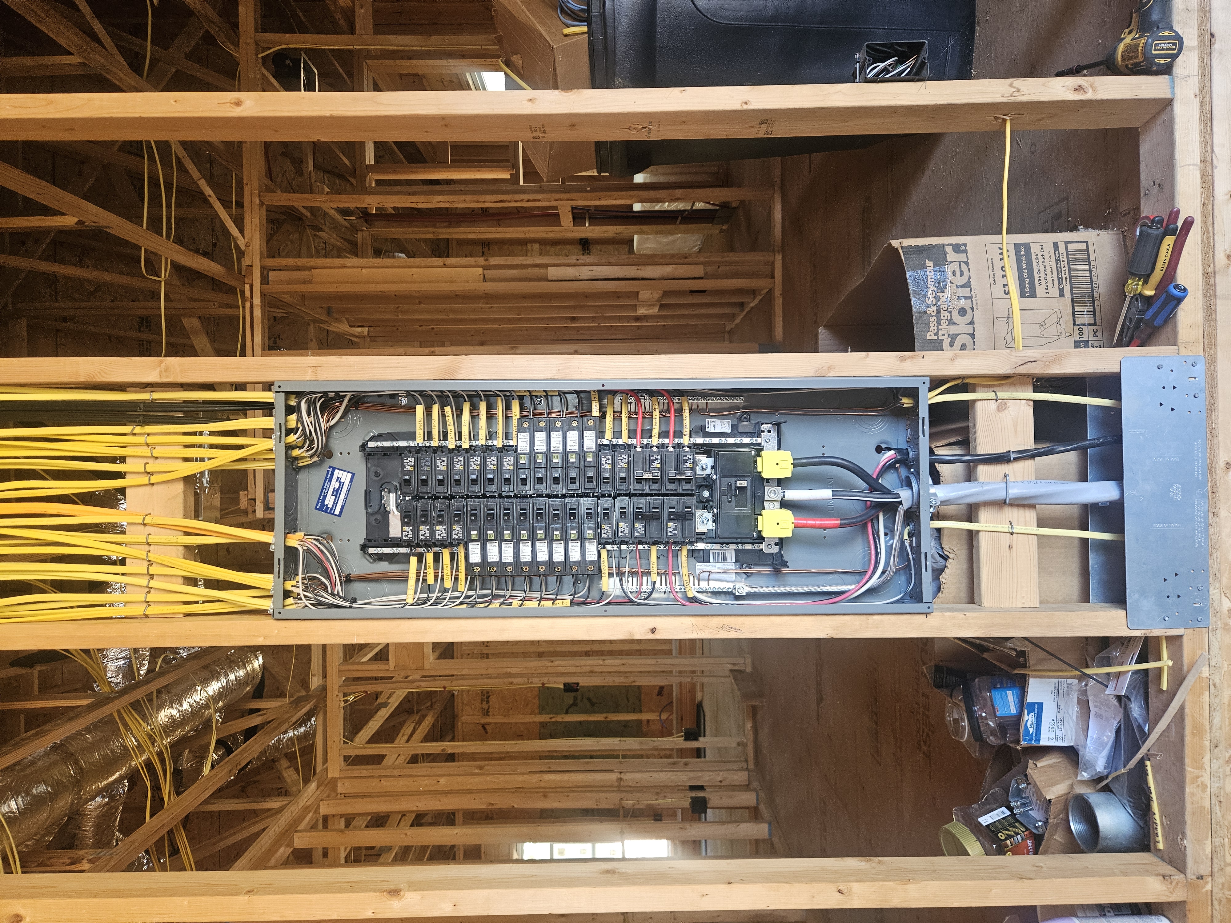 Labeled residential breaker panel installed during new home construction